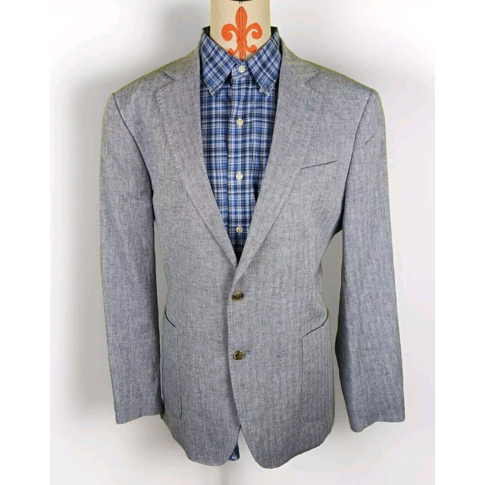 Stafford Mens 42 R Linen Blend Classic Fit Blazer Jacket Herringbone Blue EUC